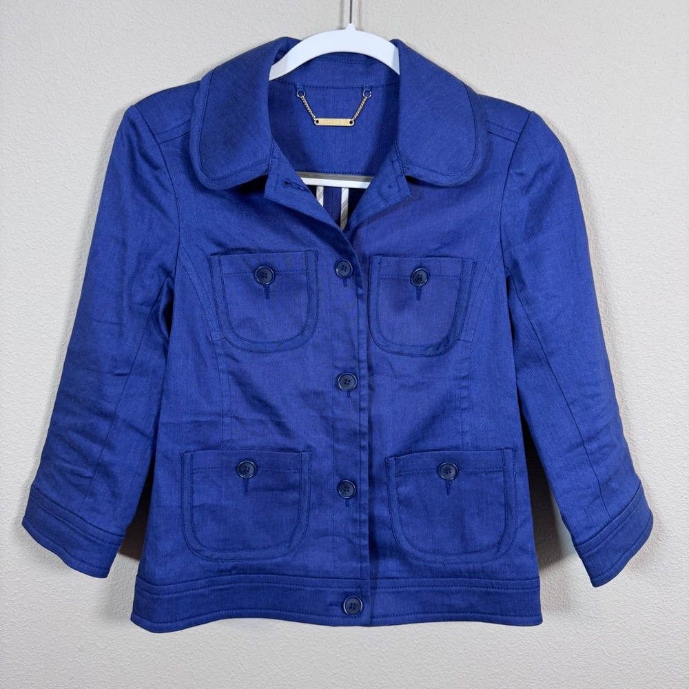 Trina Turk Blue Blazer Jacket Linen Cotton Peter Pan Collar Workwear Women's 6